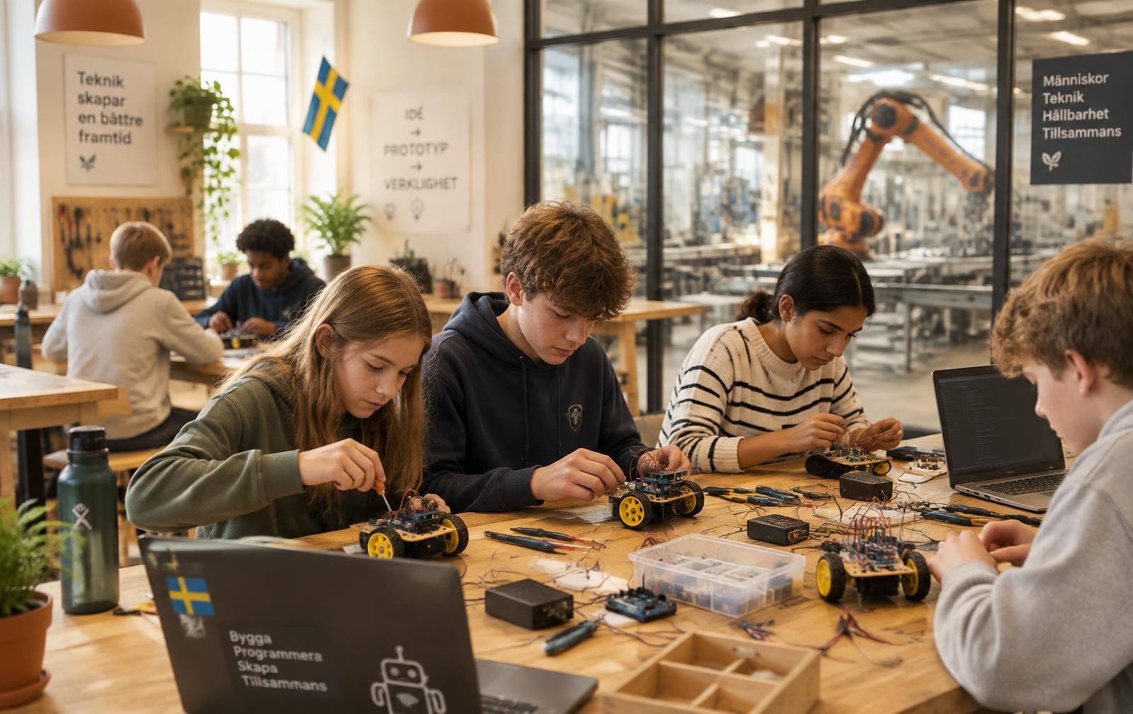 Children building small robots at a workbench, with an industrial robot arm visible through a glass partition