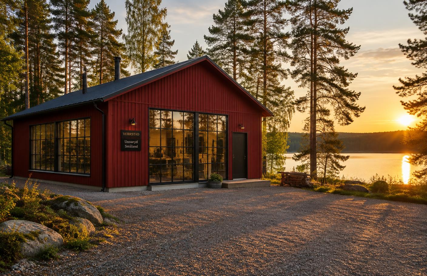 A red timber workshop building with large glass windows beside a lake and forest in Unnaryd